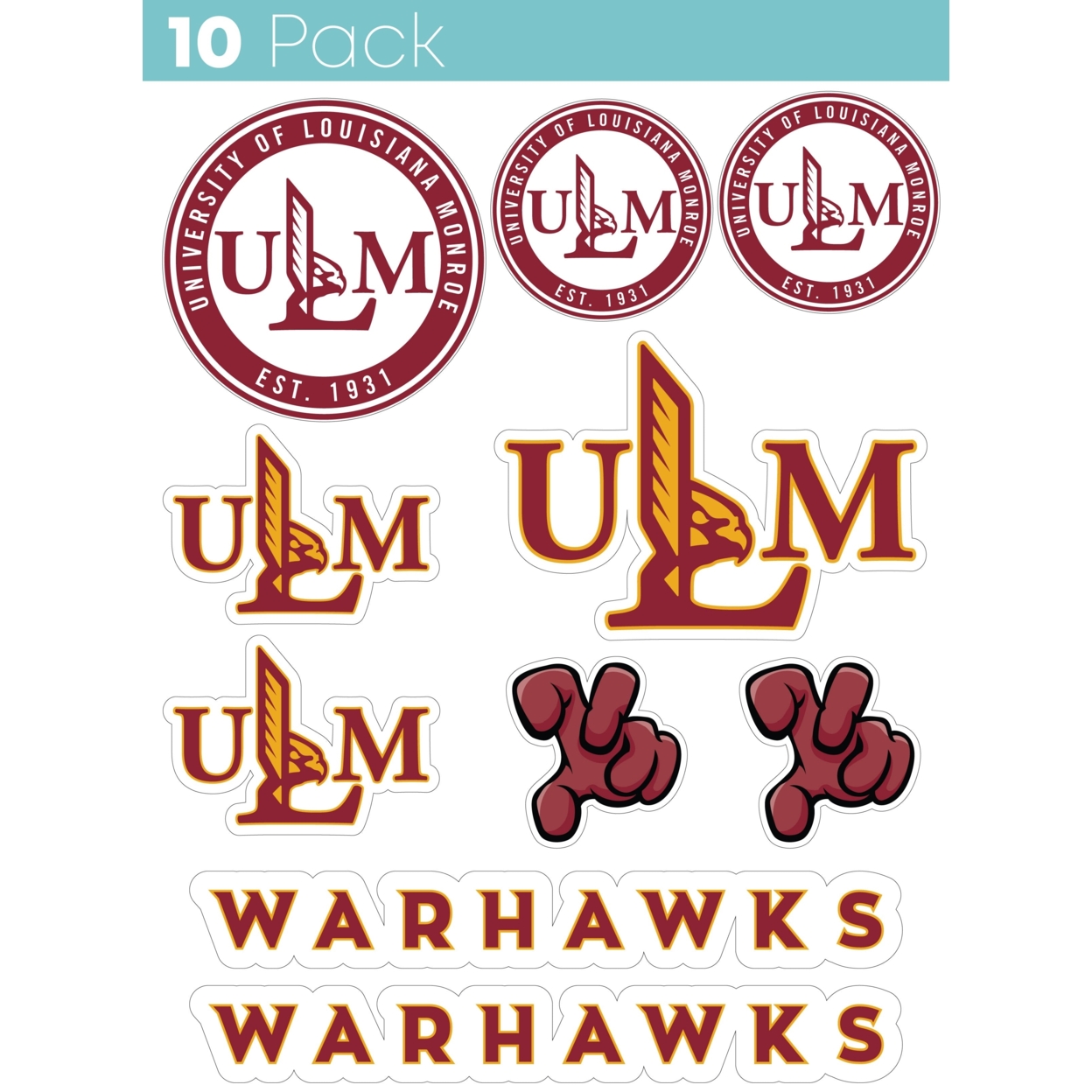 University Of Louisiana Monroe 10 Pack Collegiate Vinyl Decal StickerÂ 