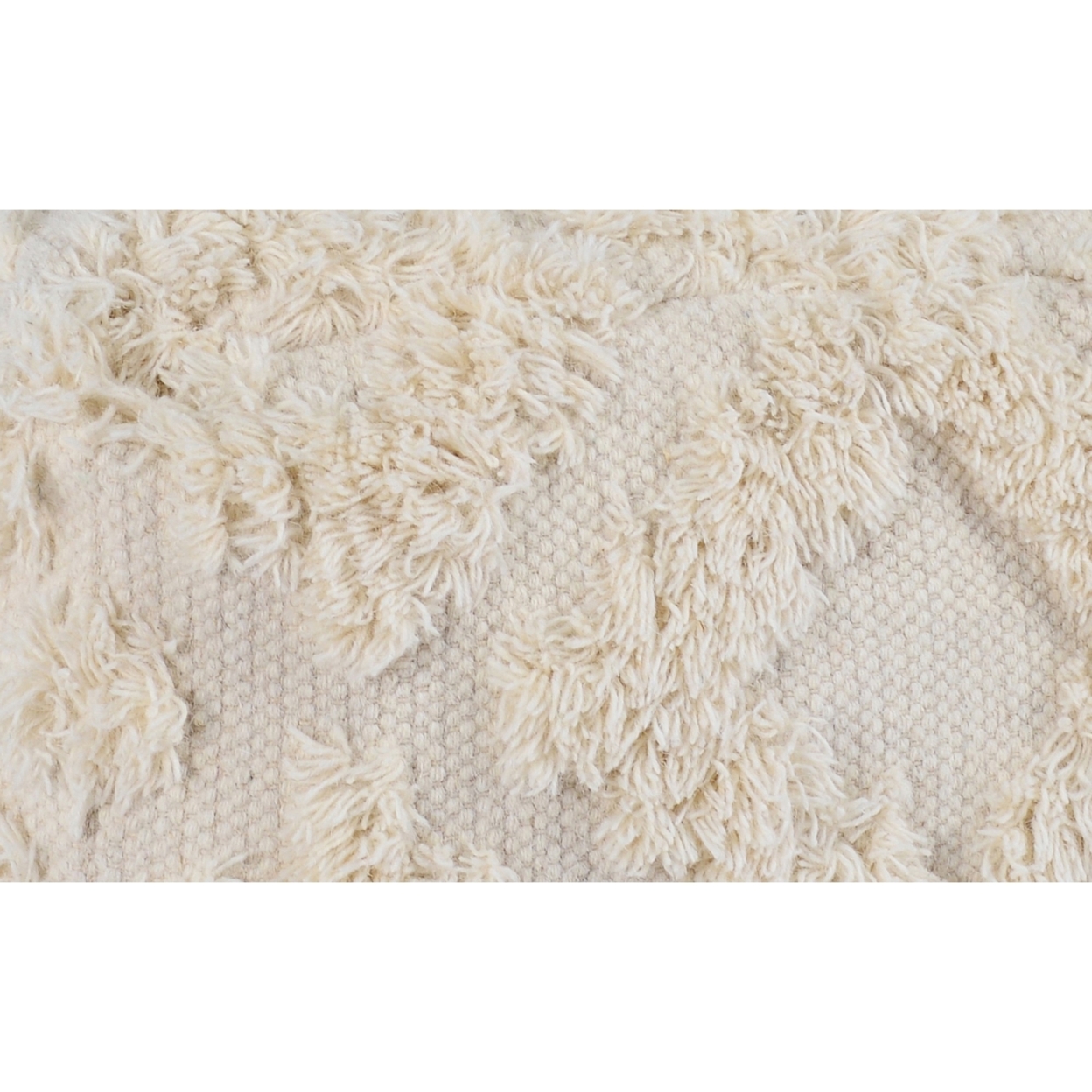 24 Inch Cotton Accent Pouf, Handwoven Textured Geometric Shag, Off White, Saltoro Sherpi