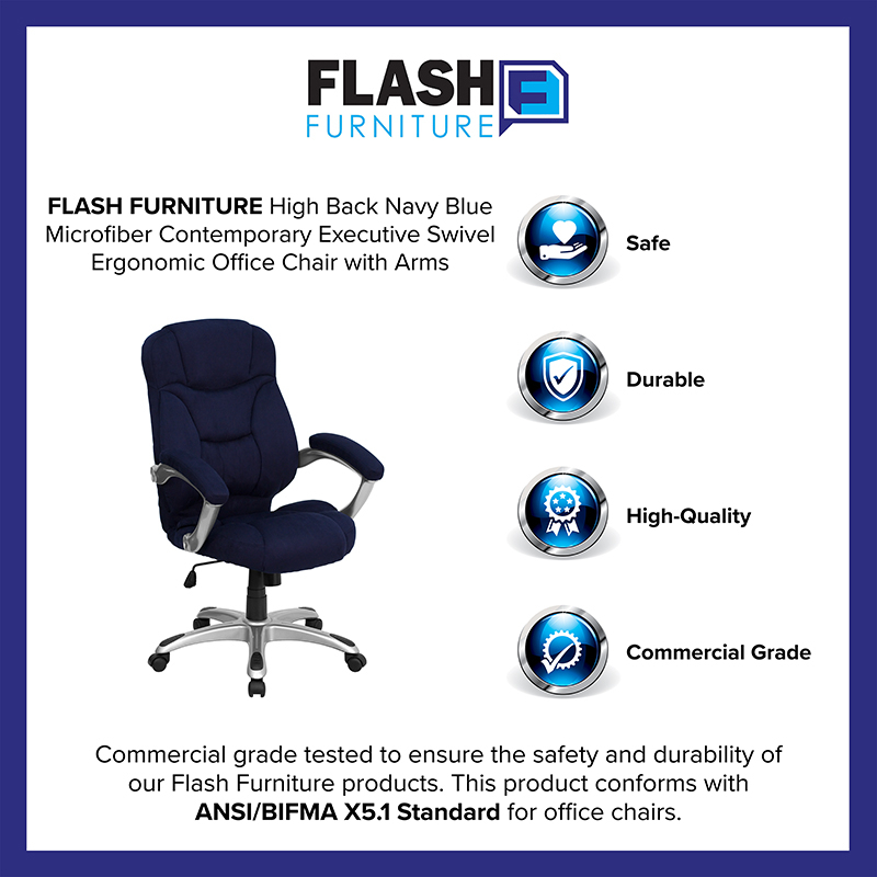 High Back Navy Blue Microfiber Contemporary Executive Swivel Ergonomic Office Chair With Arms