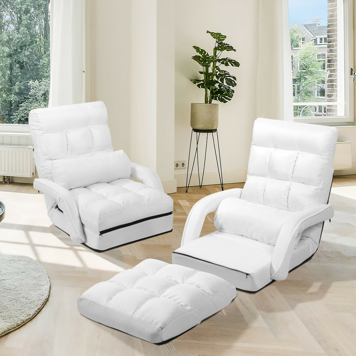 White Folding Lazy Sofa Floor Chair Sofa Lounger Bed With Armrests And Pillow