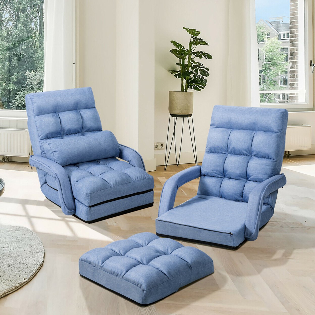 Blue Folding Lazy Sofa Floor Chair Sofa Lounger Bed With Armrests And Pillow