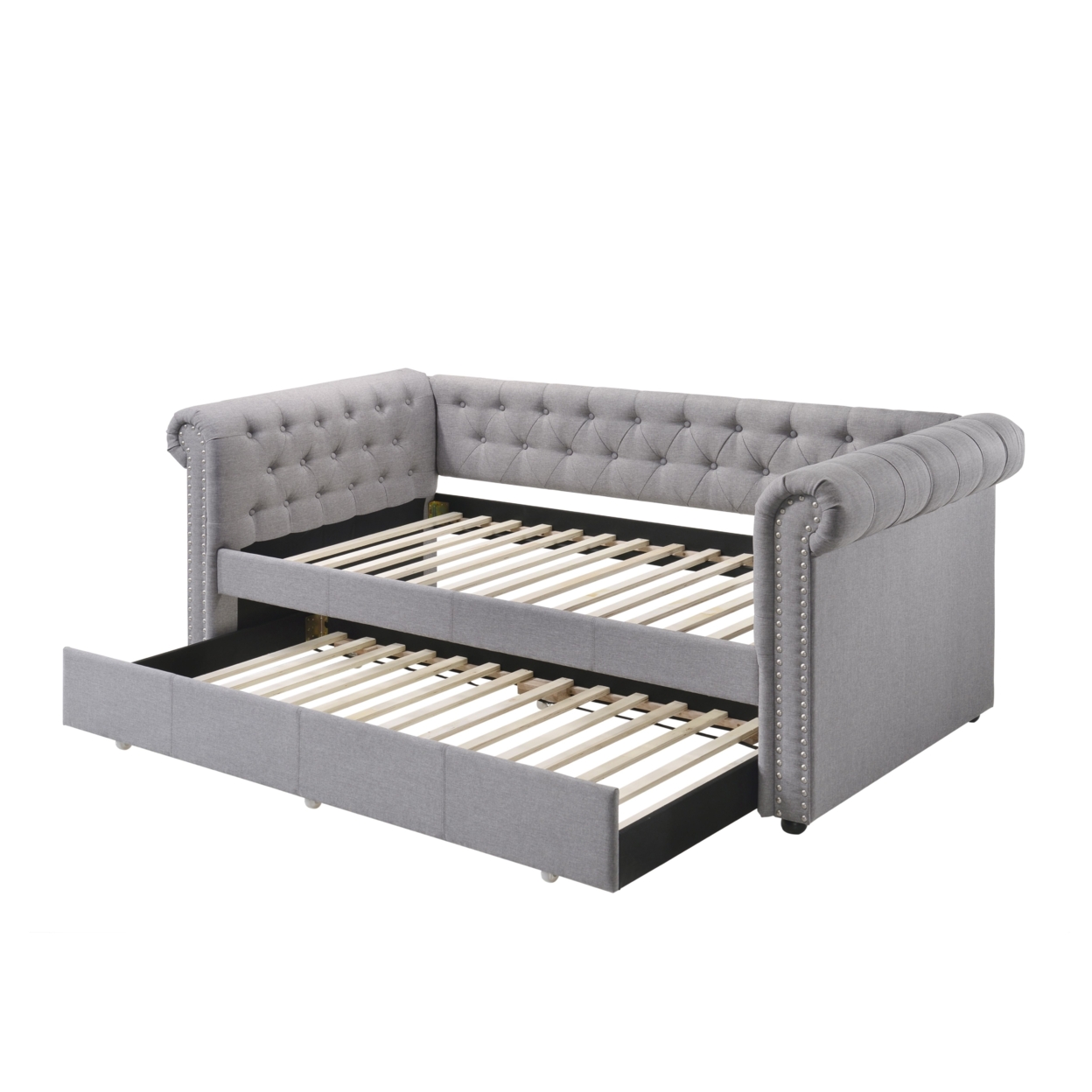 Chesterfield Twin Size Daybed With Attached Trundle And Nailhead Trims,Gray- Saltoro Sherpi