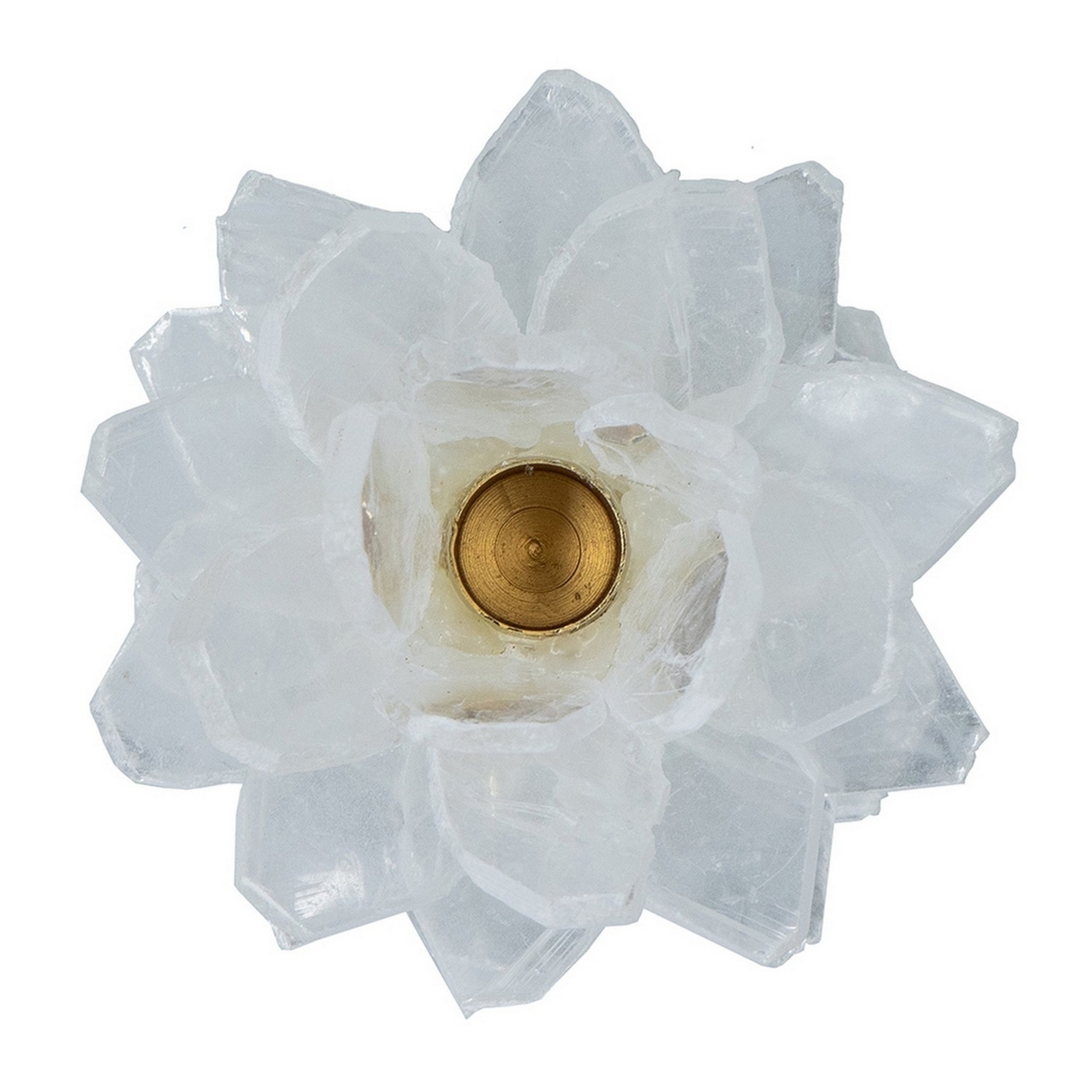 Sel 6 Inch Candle Holder, Selenite Stone Flower Accent, Gold, Clear Blue- Saltoro Sherpi