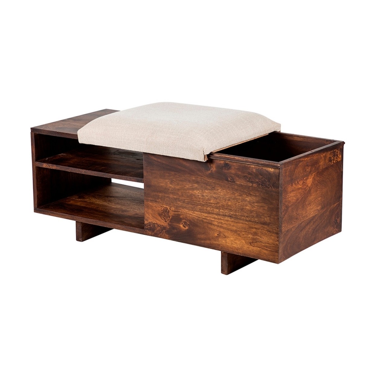40 Inch Accent Storage Bench, Sliding Cushion Top, Modern, Brown Wood, Saltoro Sherpi