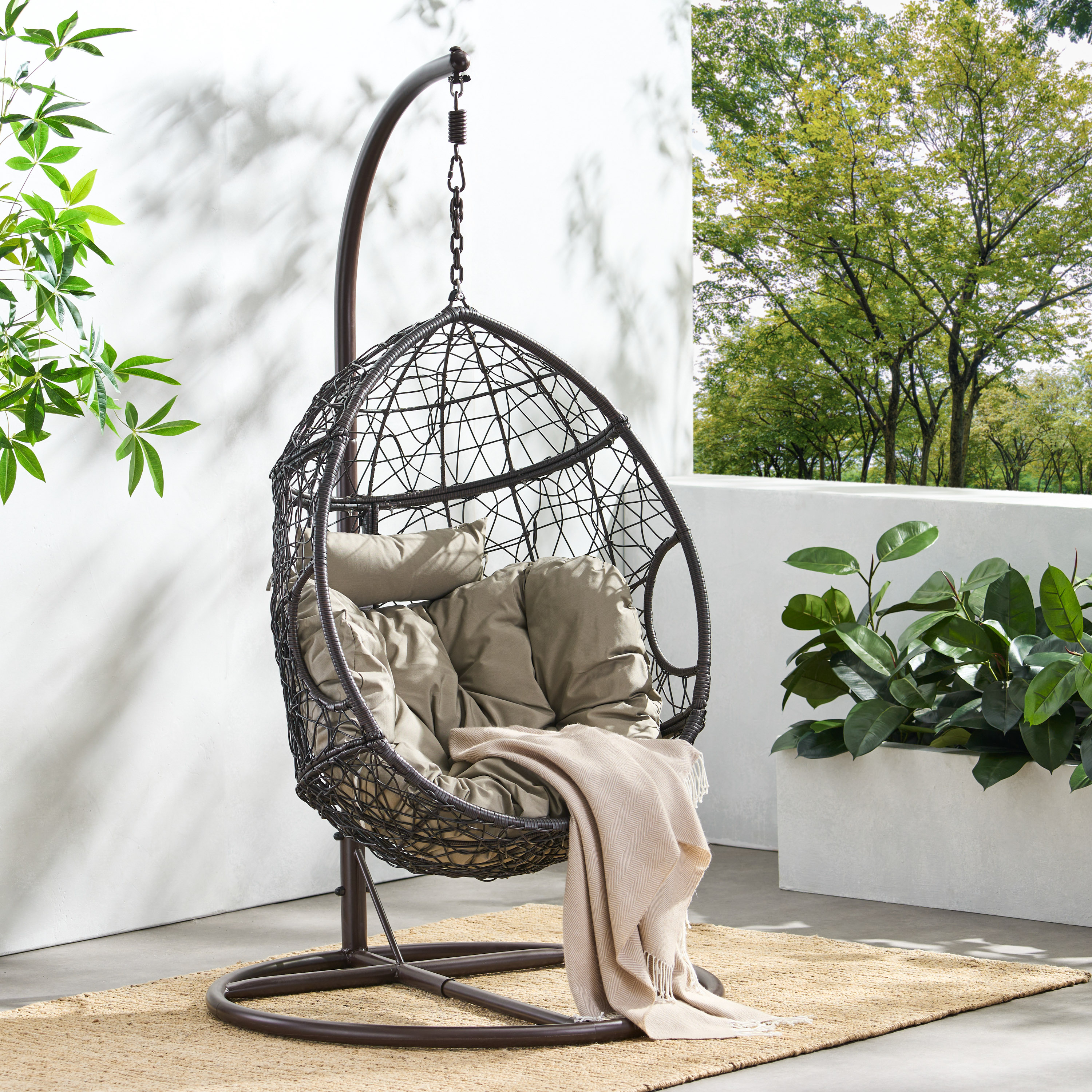 Kyle Outdoor Wicker Hanging Basket Chair With Water Resistant Cushions And Base - Multi-brown/Khaki