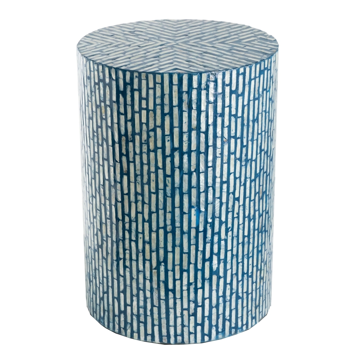20 Inch Capiz Accent Stool Table, Cylindrical Linear Pattern, Blue, Black- Saltoro Sherpi