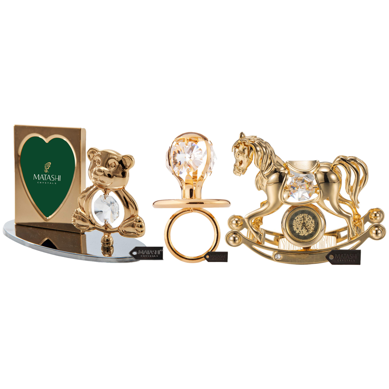 Matashi 24k Gold Plated Picture Frame With Teddy Bear Figurine, Rocking Horse Desk Clock And Baby Pacifier Ornament