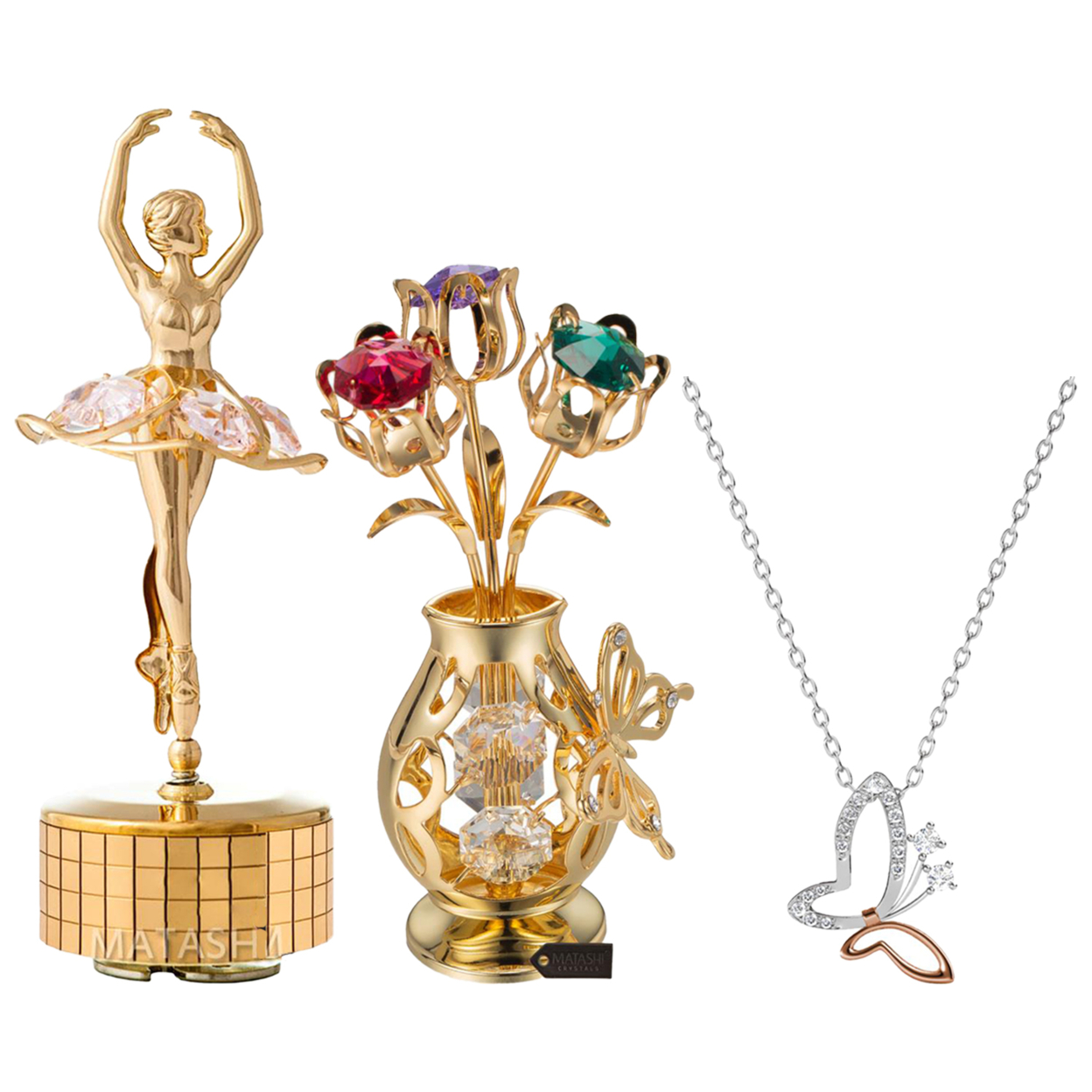 Matashi White Gold And Rose Gold Plated Butterfly Pendant Necklace With Wind-Up Music Box Plays - Swan Lake & Gold Plated Flowers Bouquet