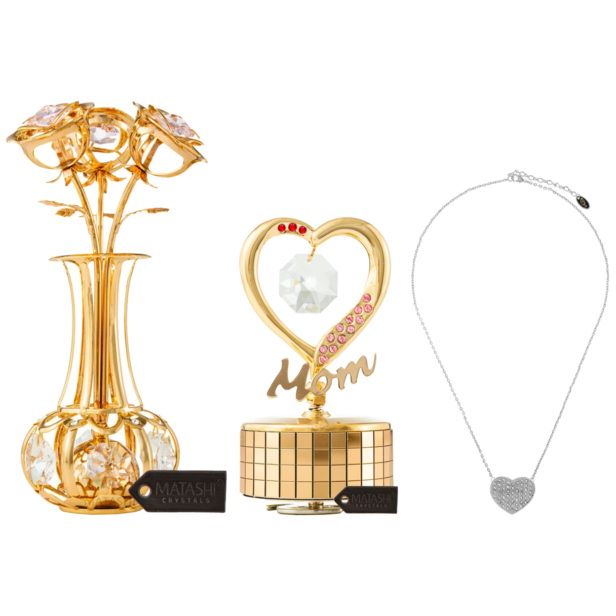 Matashi 18K White Gold Heart Design Necklace With Gold Plated Flowers Bouquet And Wind-Up Music Box Plays - Amazing Grace