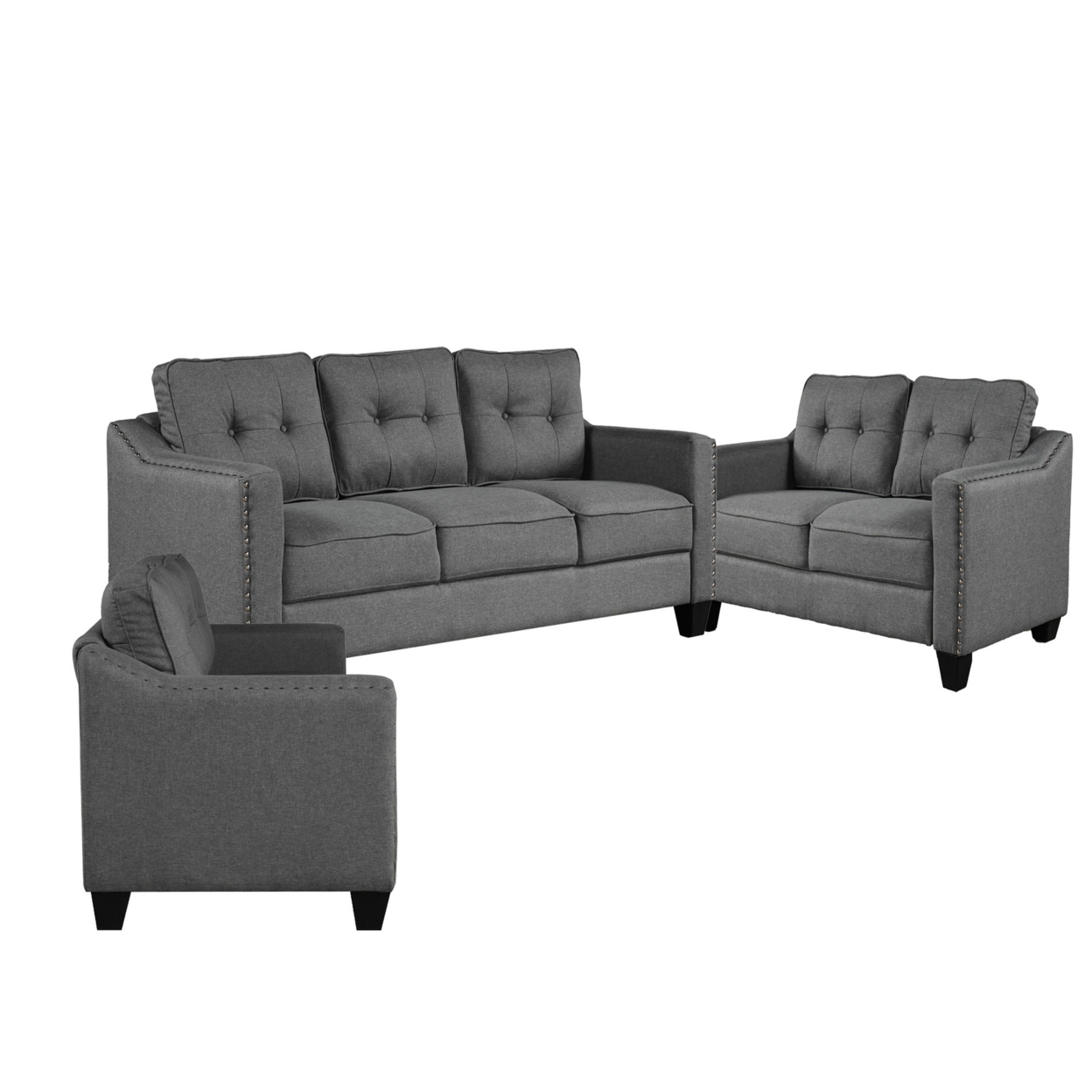 De 3 Piece Sofa Set, Soft Poly Linen Upholstery And Track Arms, Gray- Saltoro Sherpi