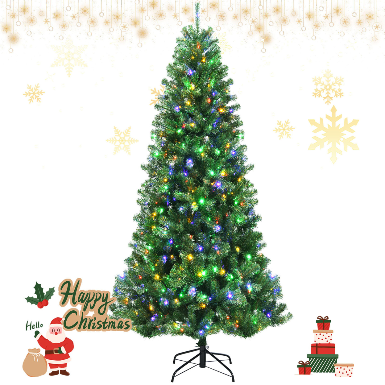 6/7/8 FT Pre-lit Artificial Christmas Tree Hinged Xmas Tree W/ 9 Lighting Modes - 8 Ft