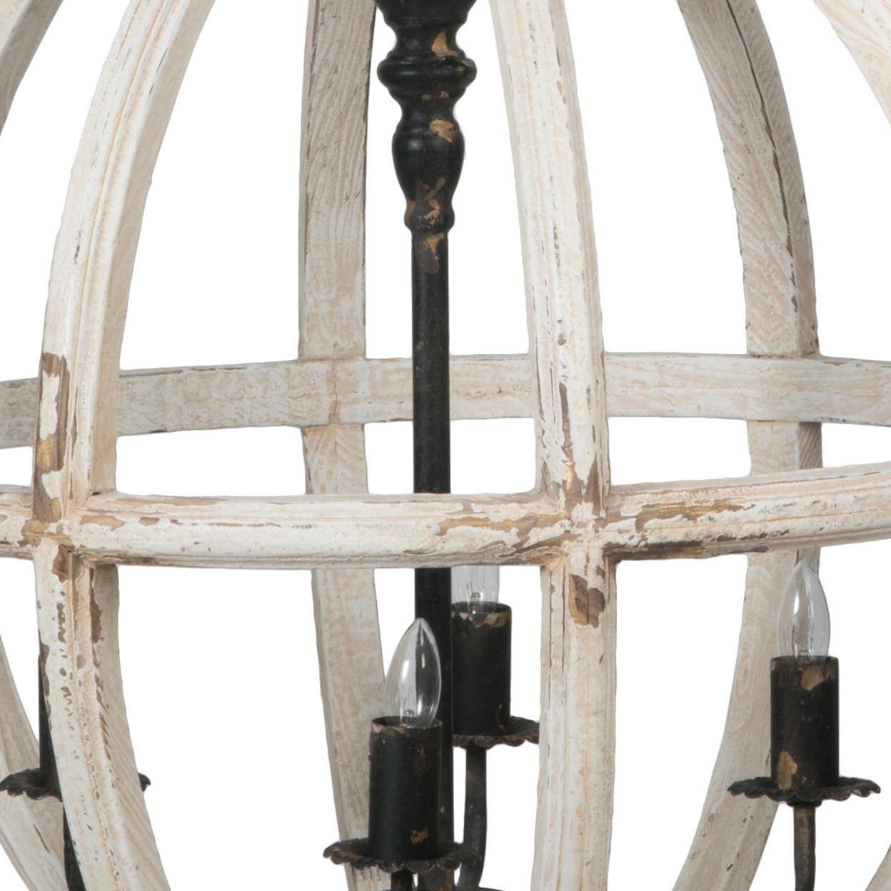 24 Inch 4 Light Chandelier, Round Fir Wood Frame, Iron, Antique White Black- Saltoro Sherpi