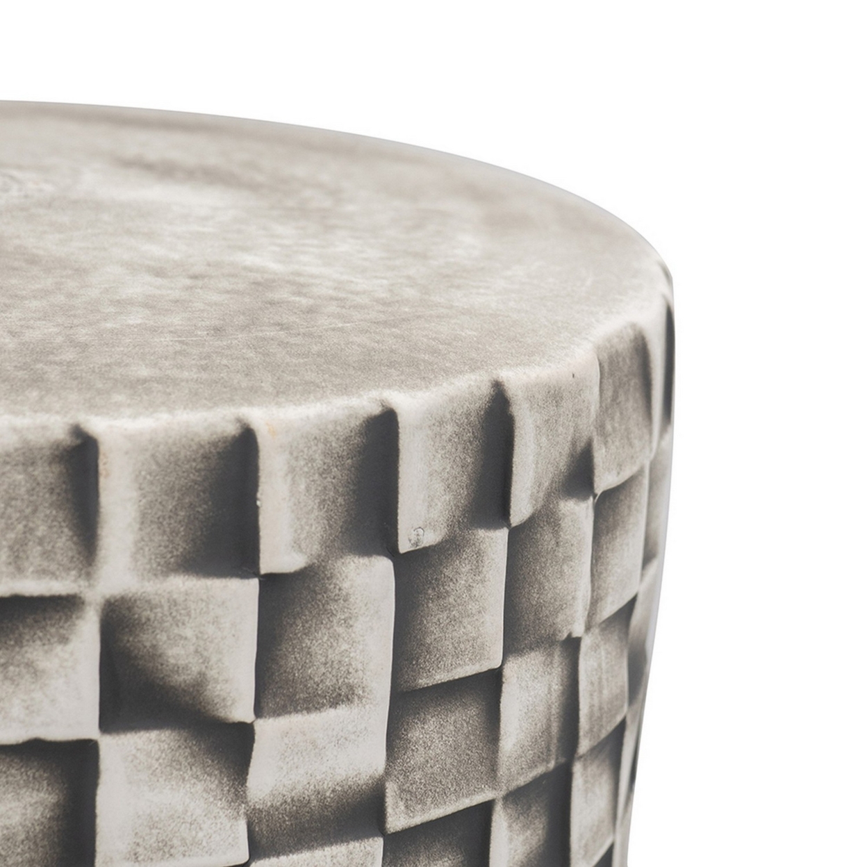 18 Inch Stool Table, Ceramic, Cylindrical, Textured Geometry, Outdoor, Gray, Saltoro Sherpi