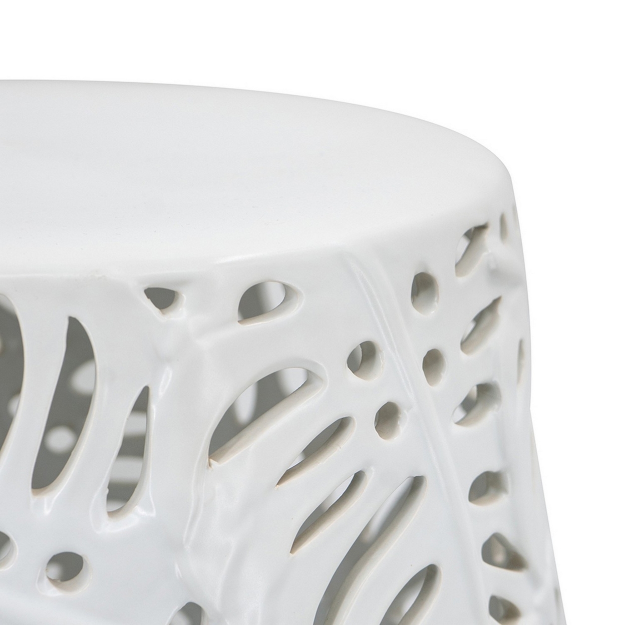 19 Inch Stool Table, Round Drum, Ceramic, Palm Leaf Design, Glossy White, Saltoro Sherpi
