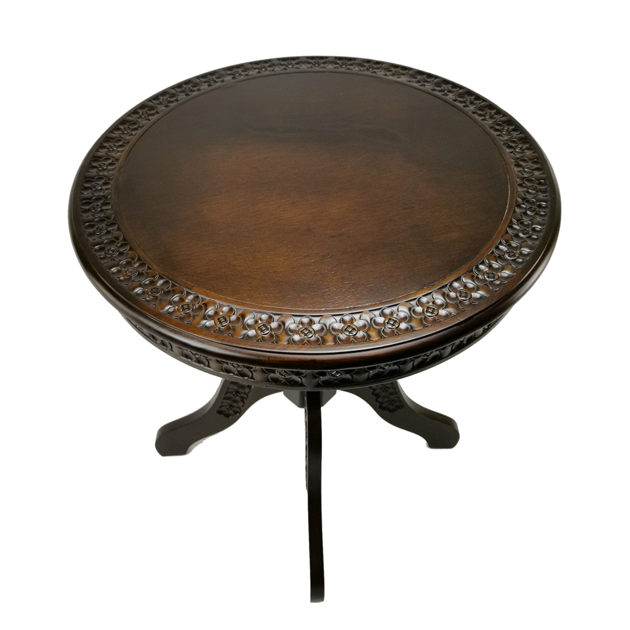 Theo 26 Inch Classic Wood Side Table, Round Tabletop, Floral Cared, Brown- Saltoro Sherpi- Saltoro Sherpi