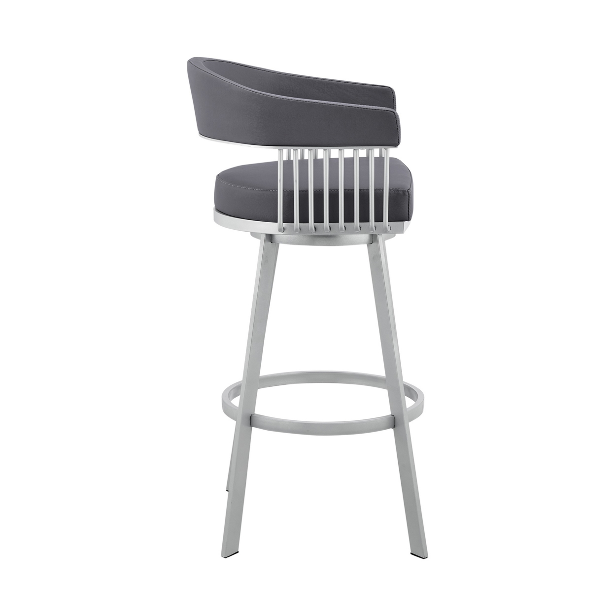 Oliver 26 Inch Modern Counter Stool, Faux Leather, Swivel, Gray, Silver- Saltoro Sherpi
