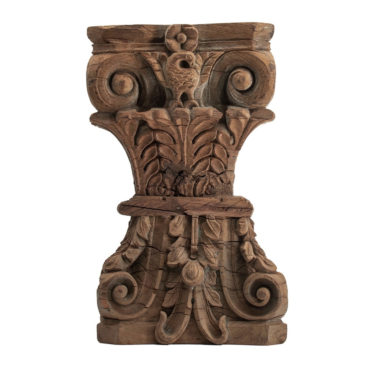 19 Inch Classic Stool Table, Carved Pillar Accent, Wood, Antique Brown, Saltoro Sherpi