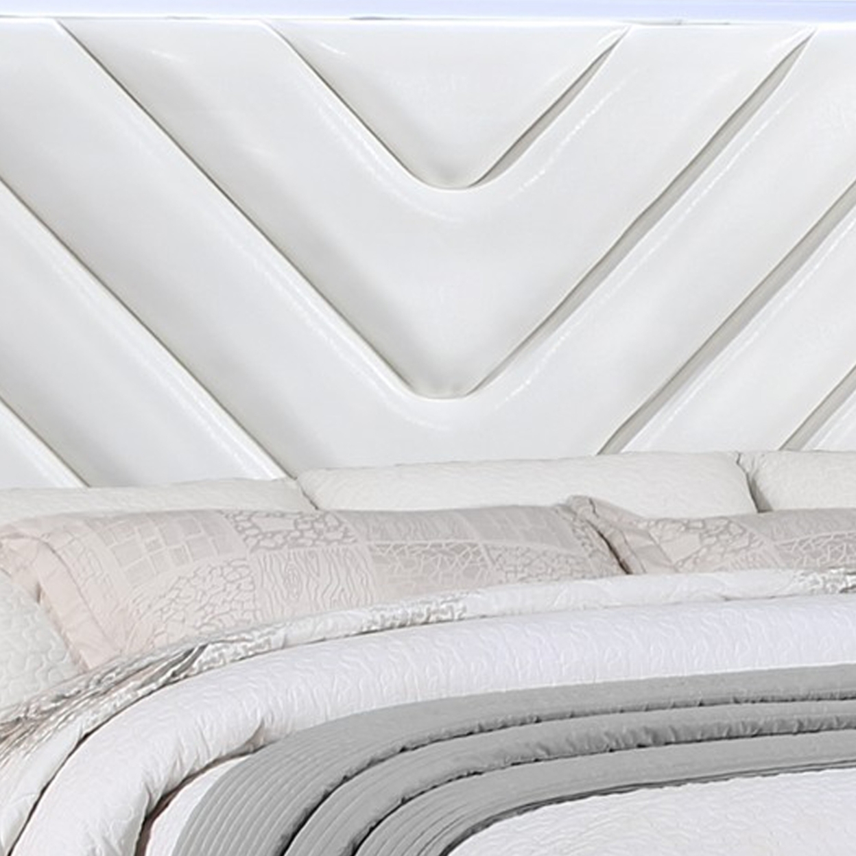 Koi Pine Wood Queen Bed, Velvet Upholstered, V Channel Tufting, White, Saltoro Sherpi