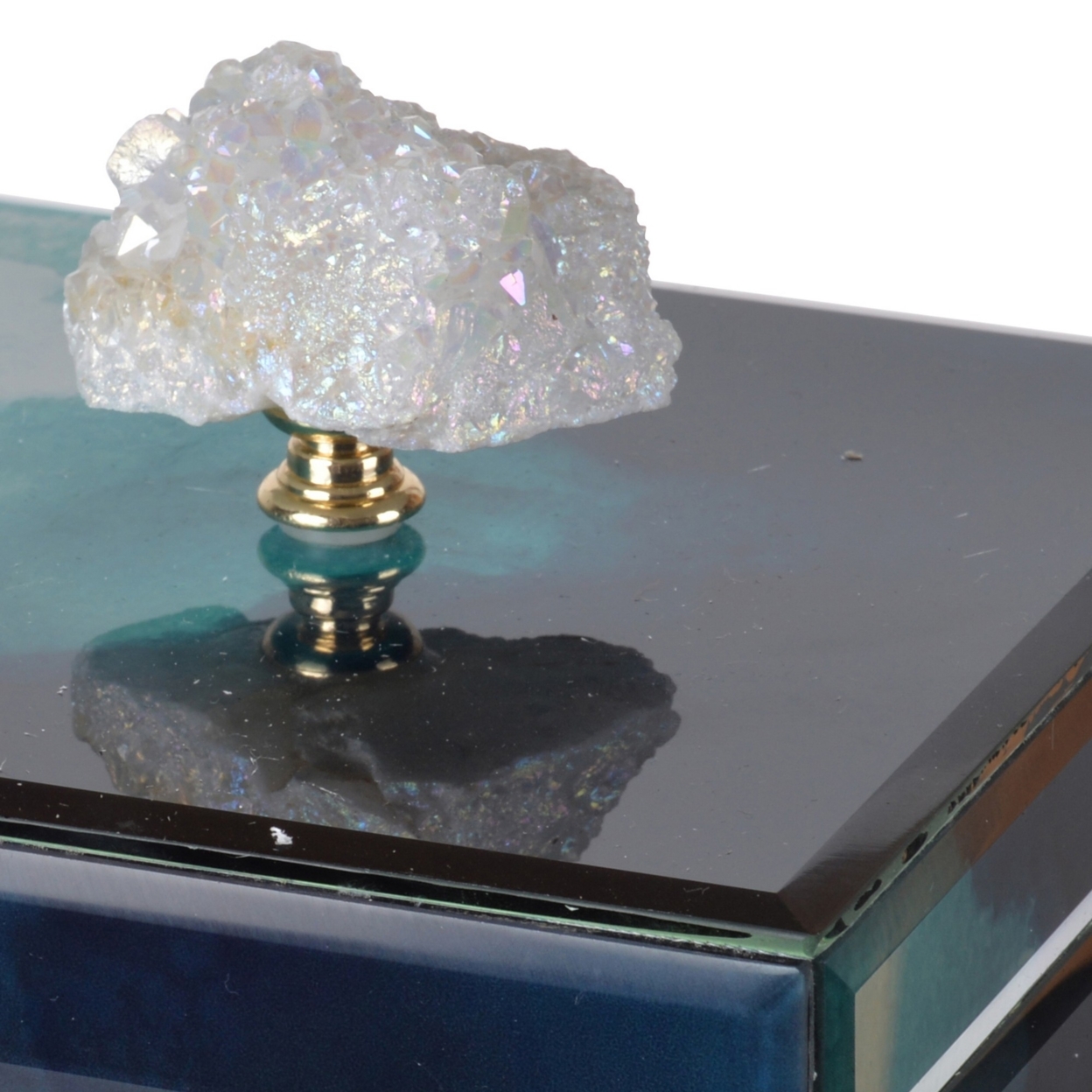 Eve 6 Inch Decorative Accessory Box, Elegant Stone With Finial Accent, Blue- Saltoro Sherpi