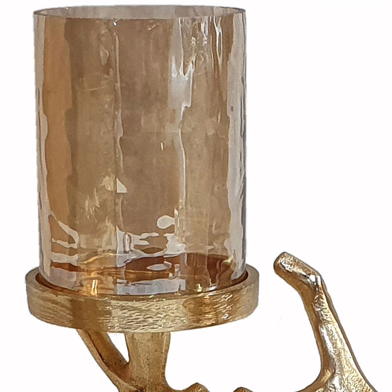 16 Inch 3 Pillar Candle Holder, Aluminum, Accented Frosted Glass, Gold, Saltoro Sherpi