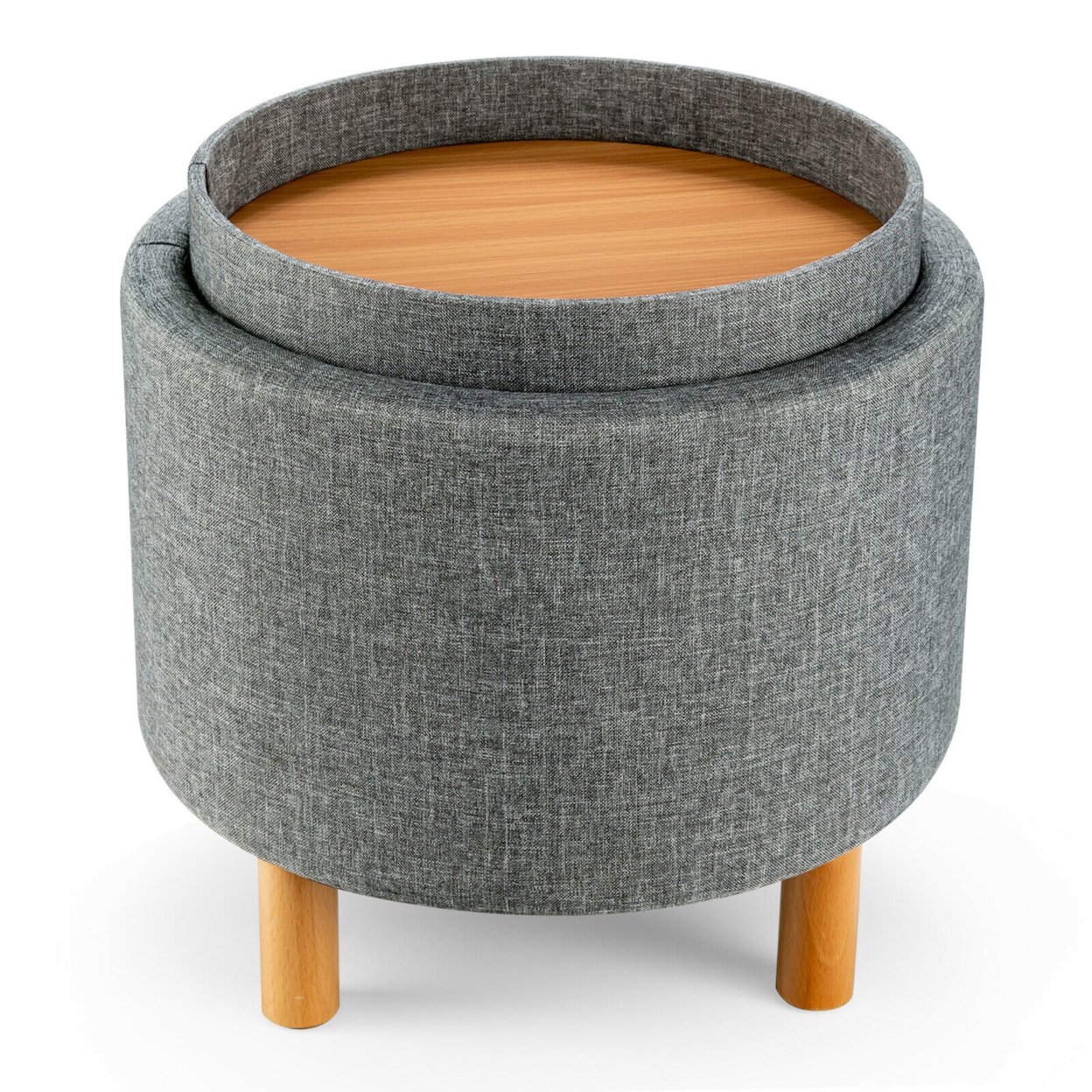 Round Storage Ottoman W/Tray Top Accent Padded Footrest W/Wood Legs - Grey