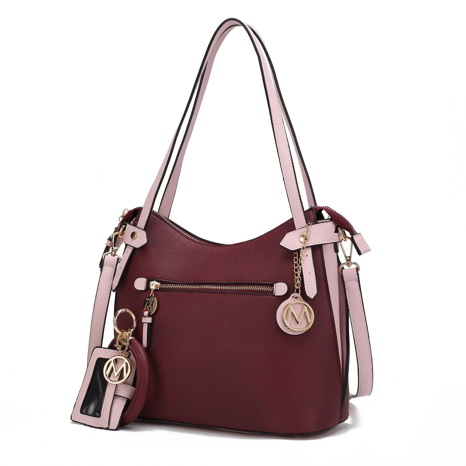 MKF Collection Jaseli Hobo Handbag With Wristlet Key Ring & Card Holder By Mia K. - Burgundy-blush