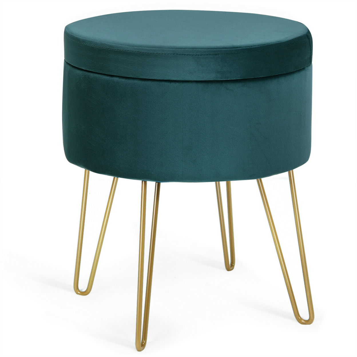 Round Velvet Storage Ottoman Footrest Stool Vanity Chair W/Metal Legs - Dark Green