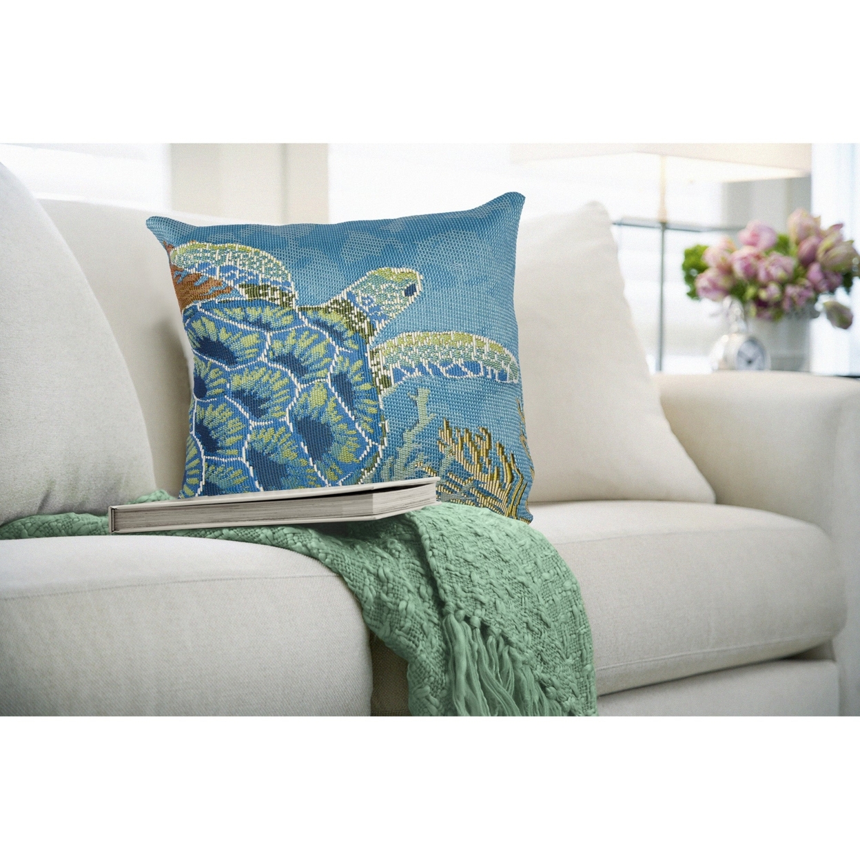 Liora Manne Marina Seaturtle Garden Indoor Outdoor Decorative Pillow Ocean