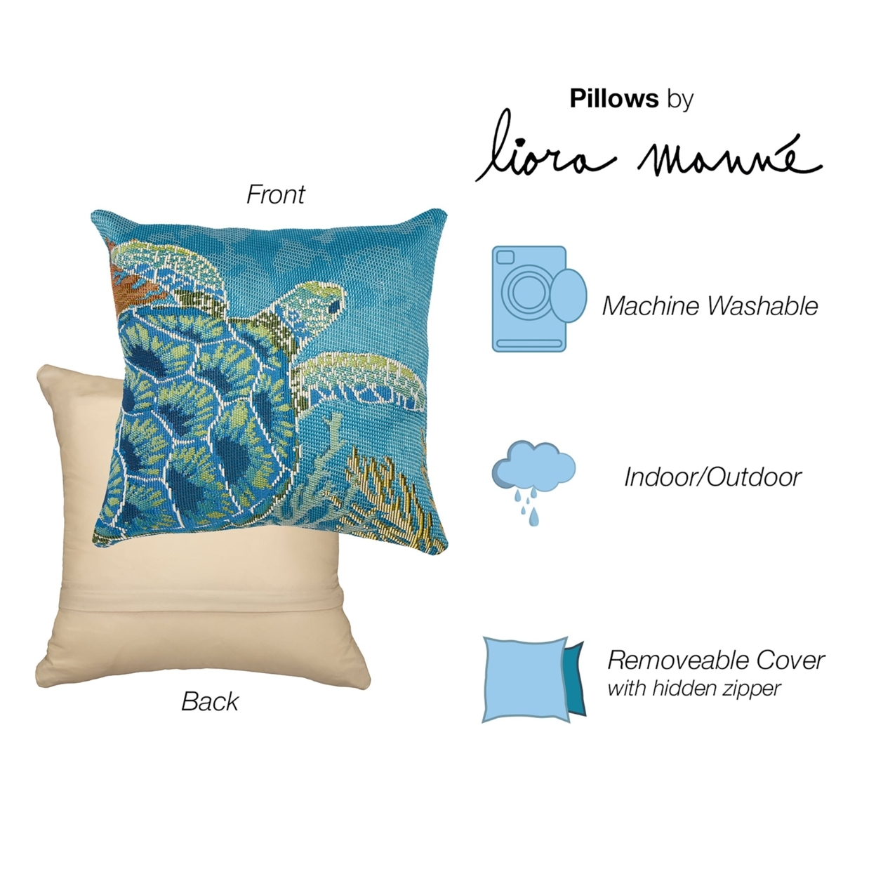 Liora Manne Marina Seaturtle Garden Indoor Outdoor Decorative Pillow Ocean