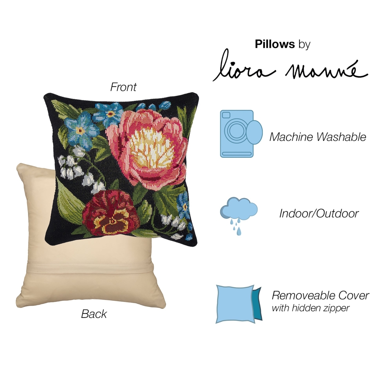 Liora Manne Marina Secret Garden Indoor Outdoor Decorative Pillow Black