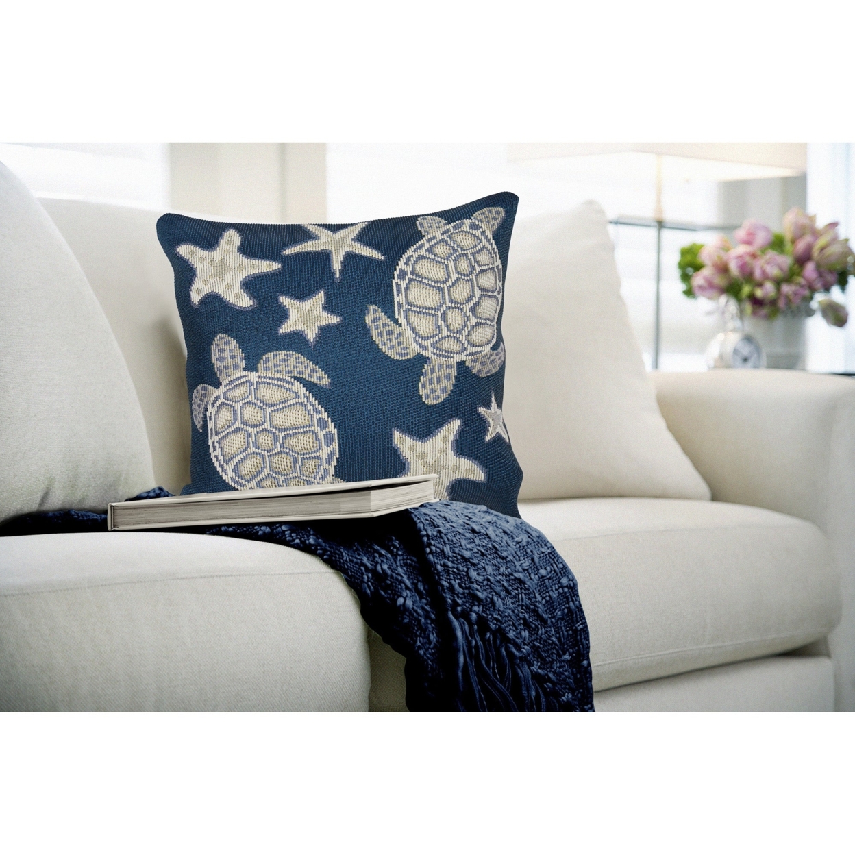 Liora Manne Marina Turtle And Stars Indoor Outdoor Decorative Pillow Navy