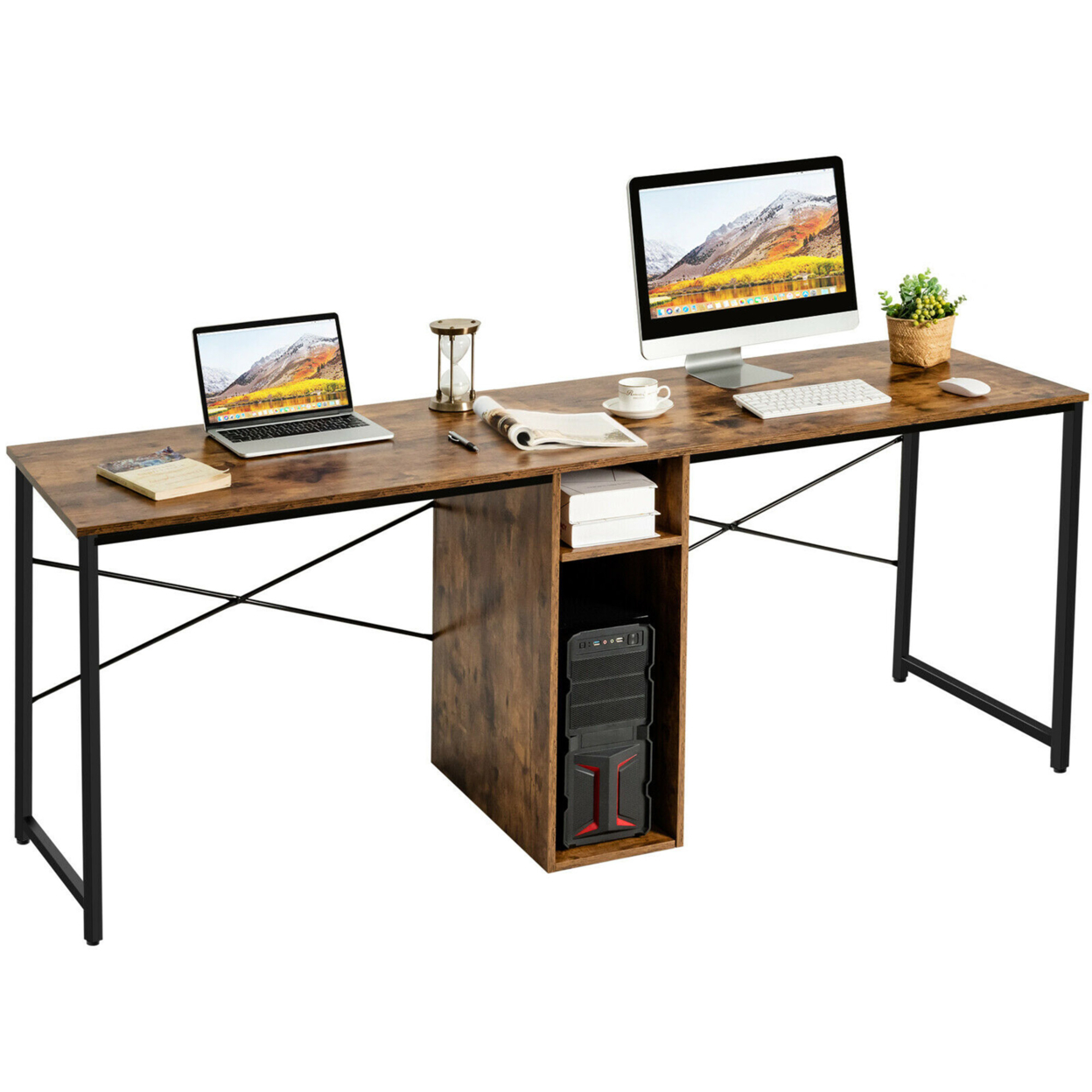 2 Person Computer Desk Double Workstation Office Desk W/ Storage - Rustic Brown