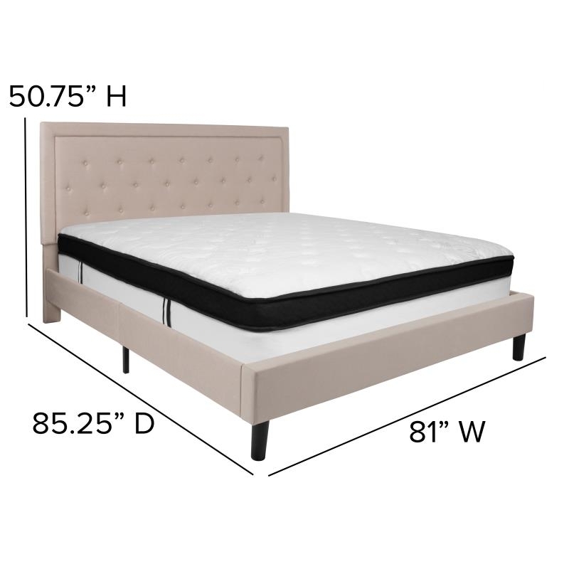 Roxbury King Size Tufted Upholstered Platform Bed In Beige Fabric With Memory Foam Mattress