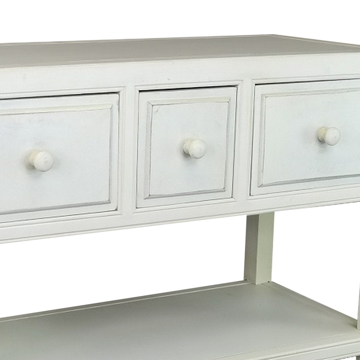 34 Inch Modern Wood Console Table, 3 Drawers, Round Knobs, 2 Shelves, White- Saltoro Sherpi- Saltoro Sherpi
