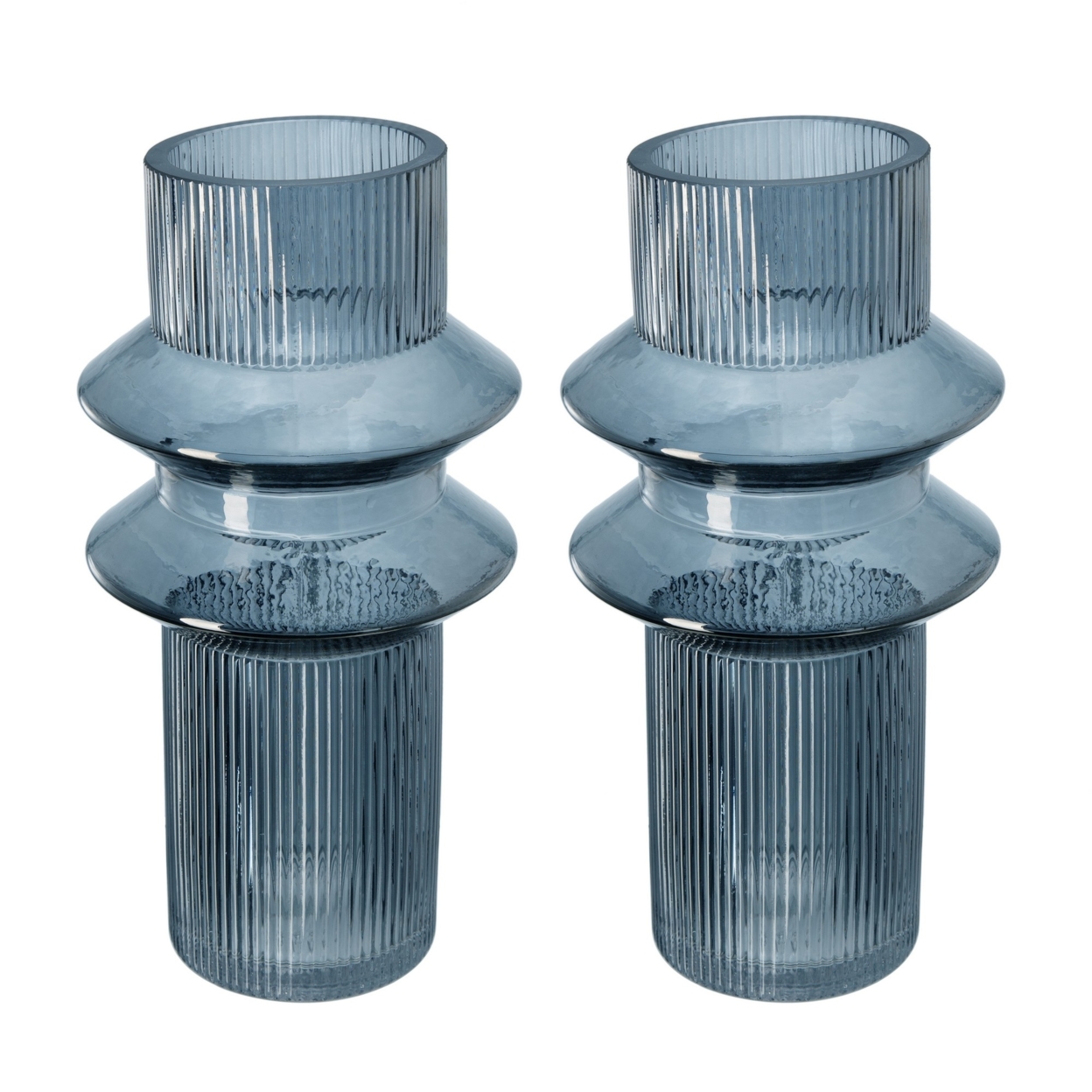 Rae Set Of 2 Glass Vases, Tall Round Cylinders, Smokey Blue, Clear Finish- Saltoro Sherpi
