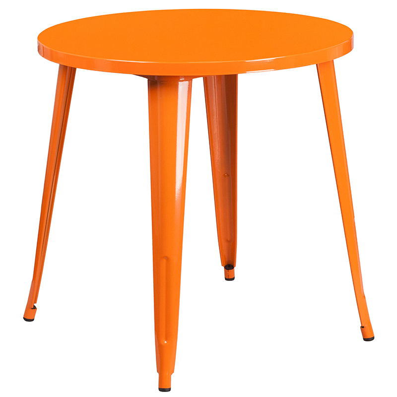 Commercial Grade 30 Round Orange Metal Indoor-Outdoor Table Set With 2 Vertical Slat Back Chairs