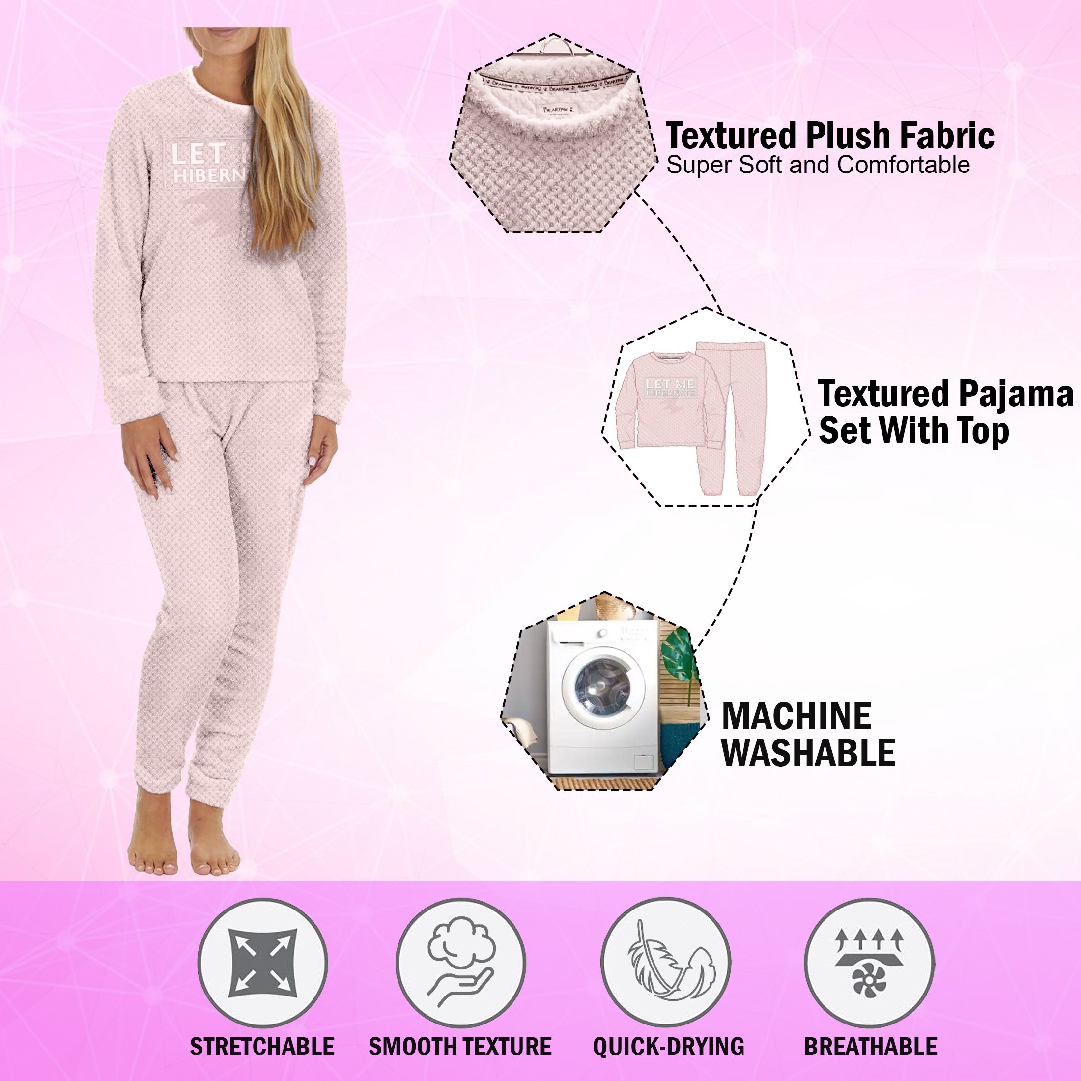 2-Piece: BearPaw Plush Popcorn Knit Top And Jogger Pants Pajama Set (Plus Size) - Pink, 3X