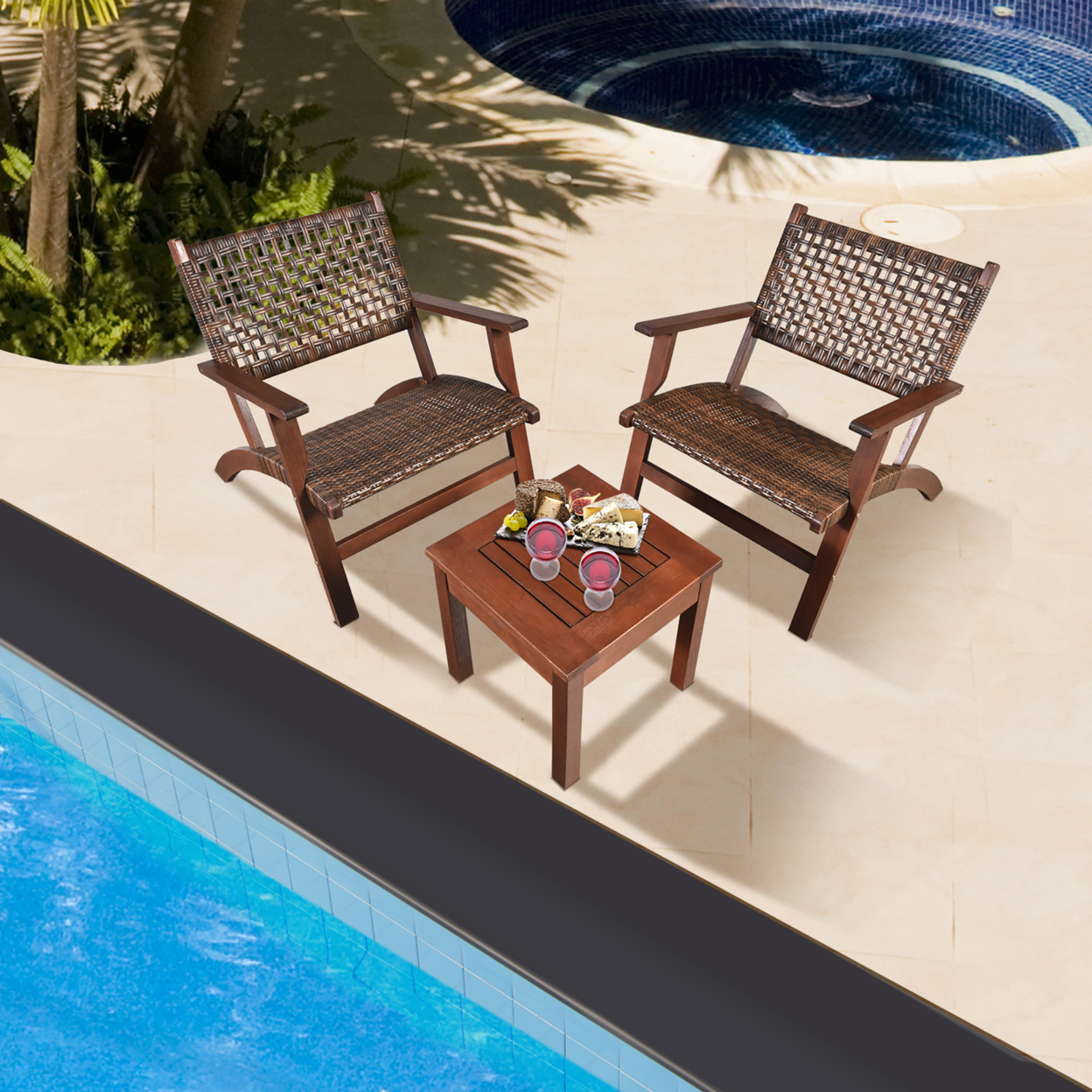 3PCS Rattan Patio Chair & Table Set Outdoor Furniture Set W/ Wooden Frame