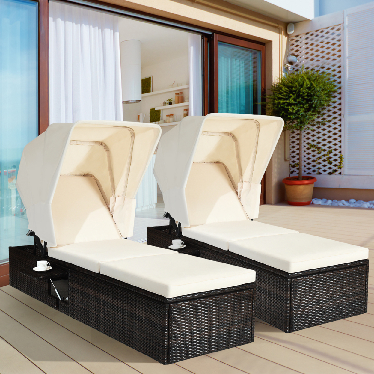 2pcs Rattan Lounge Cushioned Chair W/Adjustable Canopy Patio