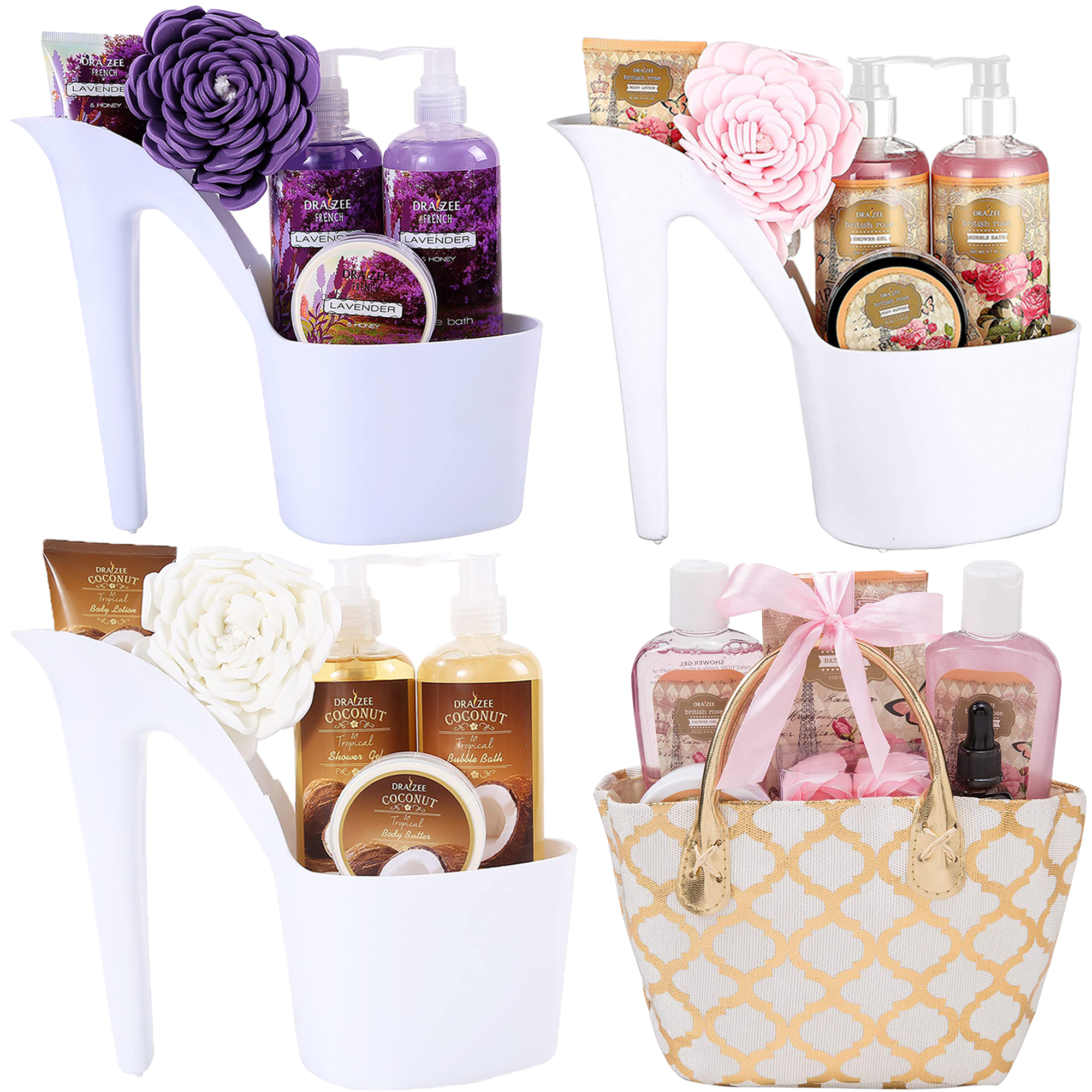 (Set Of 4) Draizee Heel Shoe Spa Gift Set â Rose, Lavender, Coconut Scented Bath Essentials & Refreshing Lovely British Rose Fragrance Gift