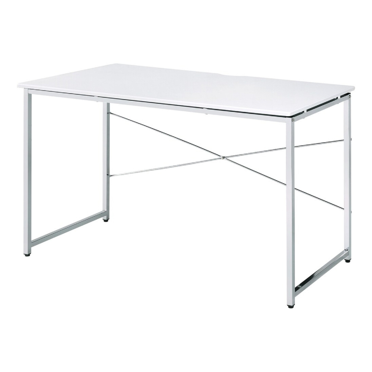Mayo 47 Inch Rectangular Desk Console Table, Crossed Bars, White, Chrome- Saltoro Sherpi