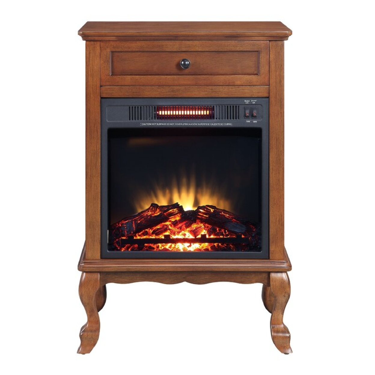 Ryla 34 Inch Wood End Table With LED Electric Fireplace, 1 Drawer, Walnut- Saltoro Sherpi