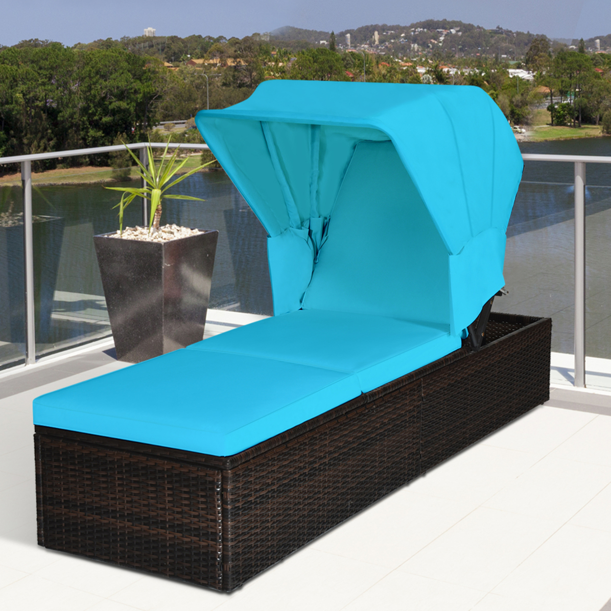 2PCS Rattan Patio Chaise Lounge Chair W/ Adjustable Canopy Turquoise Cushion