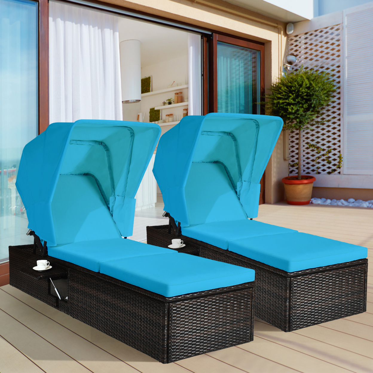 2PCS Rattan Patio Chaise Lounge Chair W/ Adjustable Canopy Turquoise Cushion