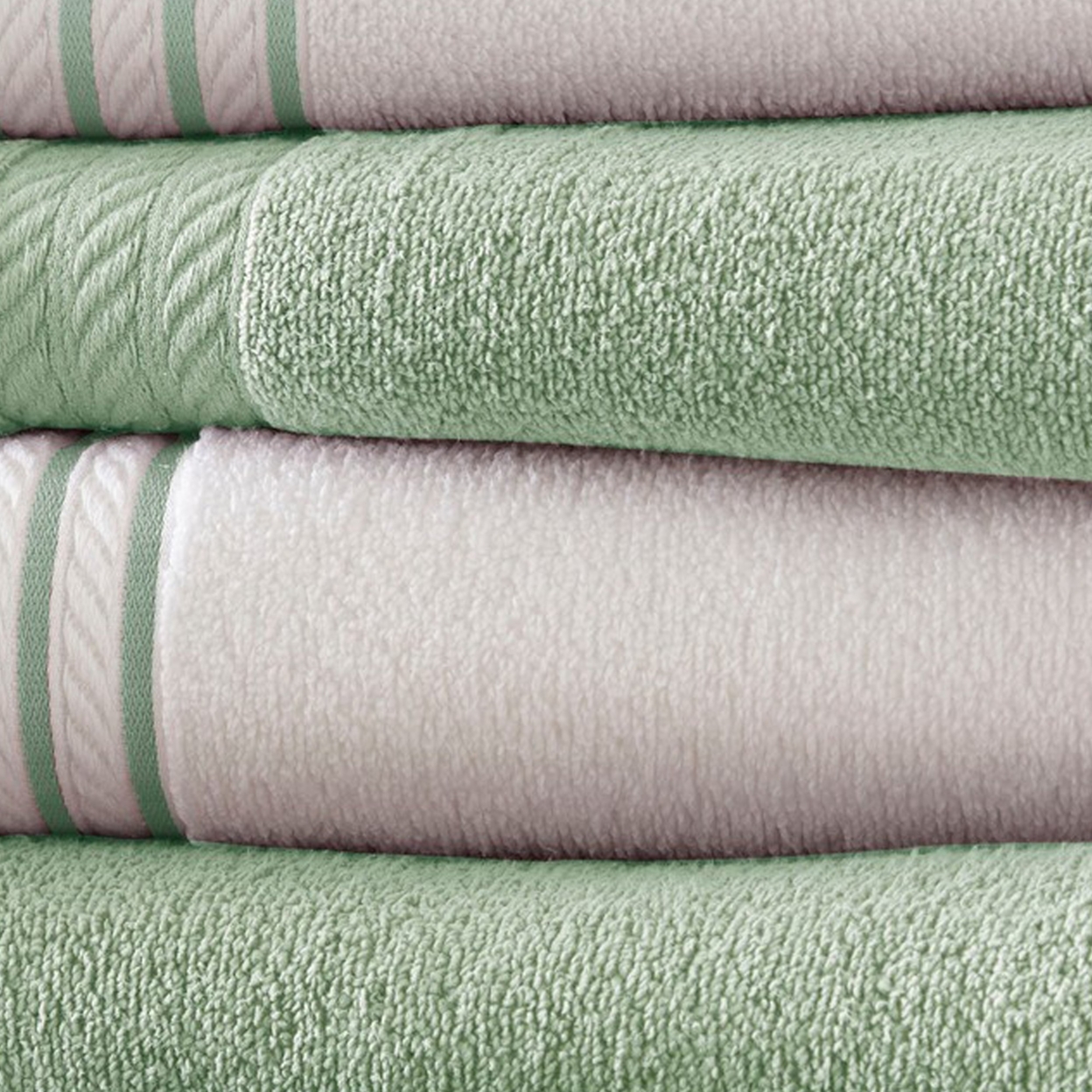 Dana 6 Piece Soft Egyptian Cotton Towel Set, Striped, Sage Green, White- Saltoro Sherpi