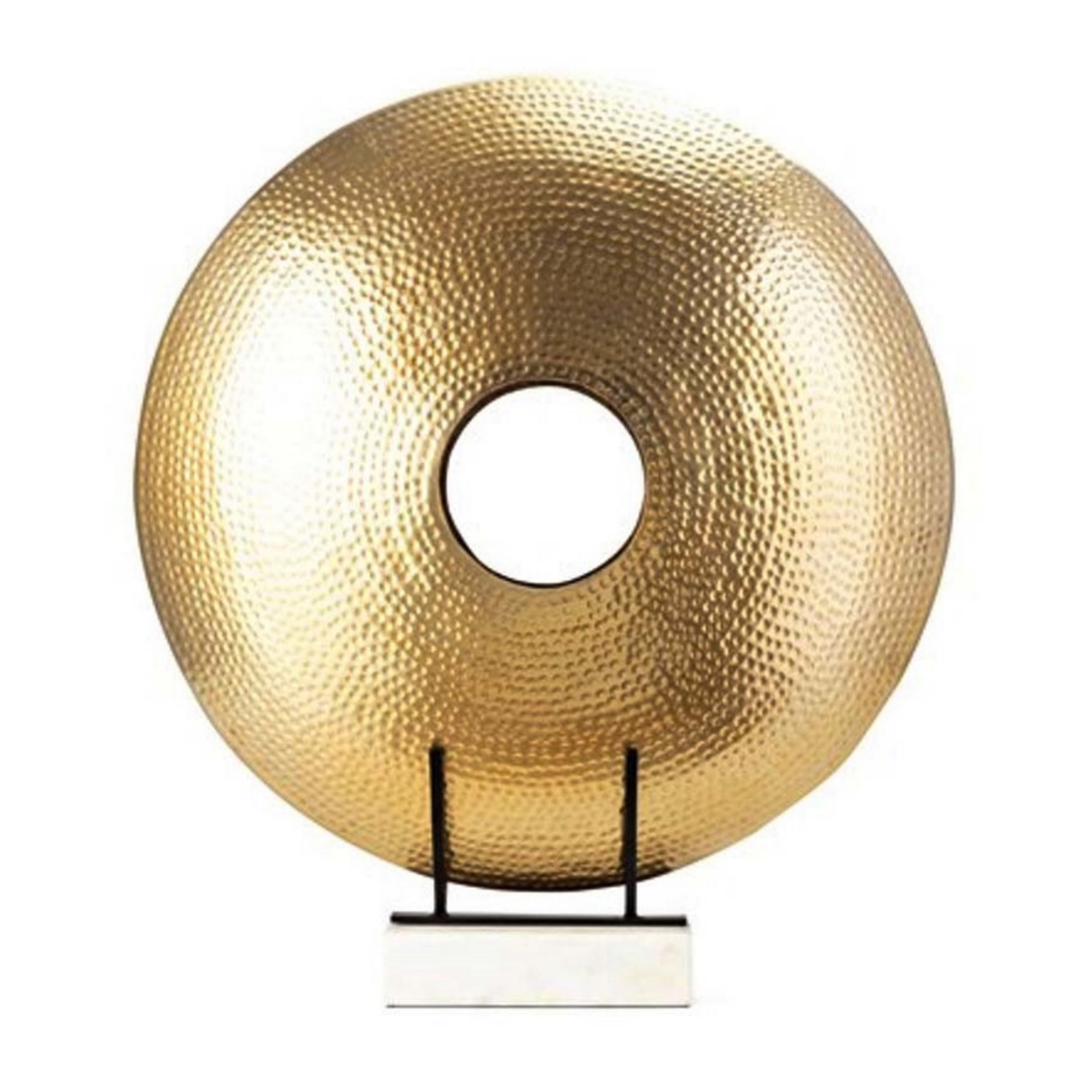 22 Inch Round Statuette, Tabletop Decor, Gold Disk, White Marble Base- Saltoro Sherpi