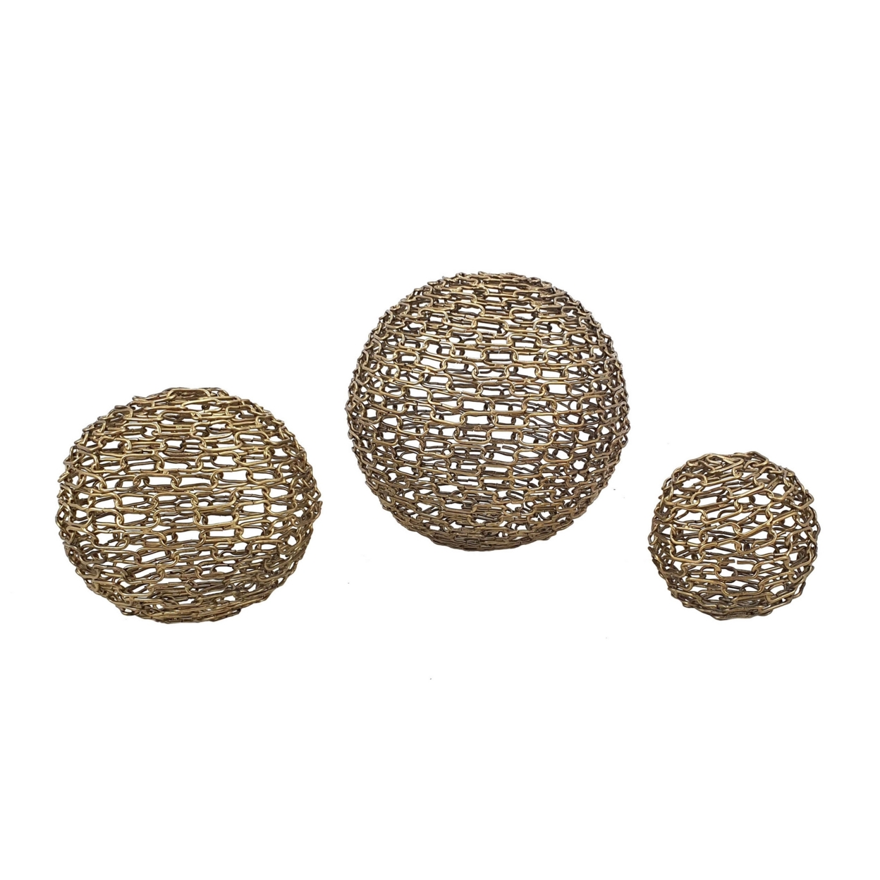 7, 5, 4 Inch Decorative Ball Set Of 3, Gold Finished Iron Interlinked Chain- Saltoro Sherpi