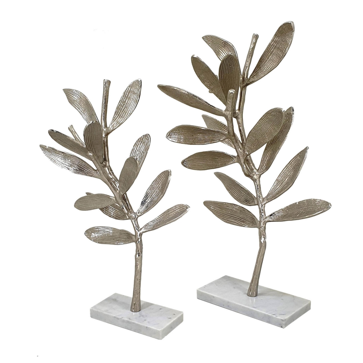 28, 23 Inch Set Of 2 Metal Statuettess, Decorative Accent Olive Tree, White- Saltoro Sherpi