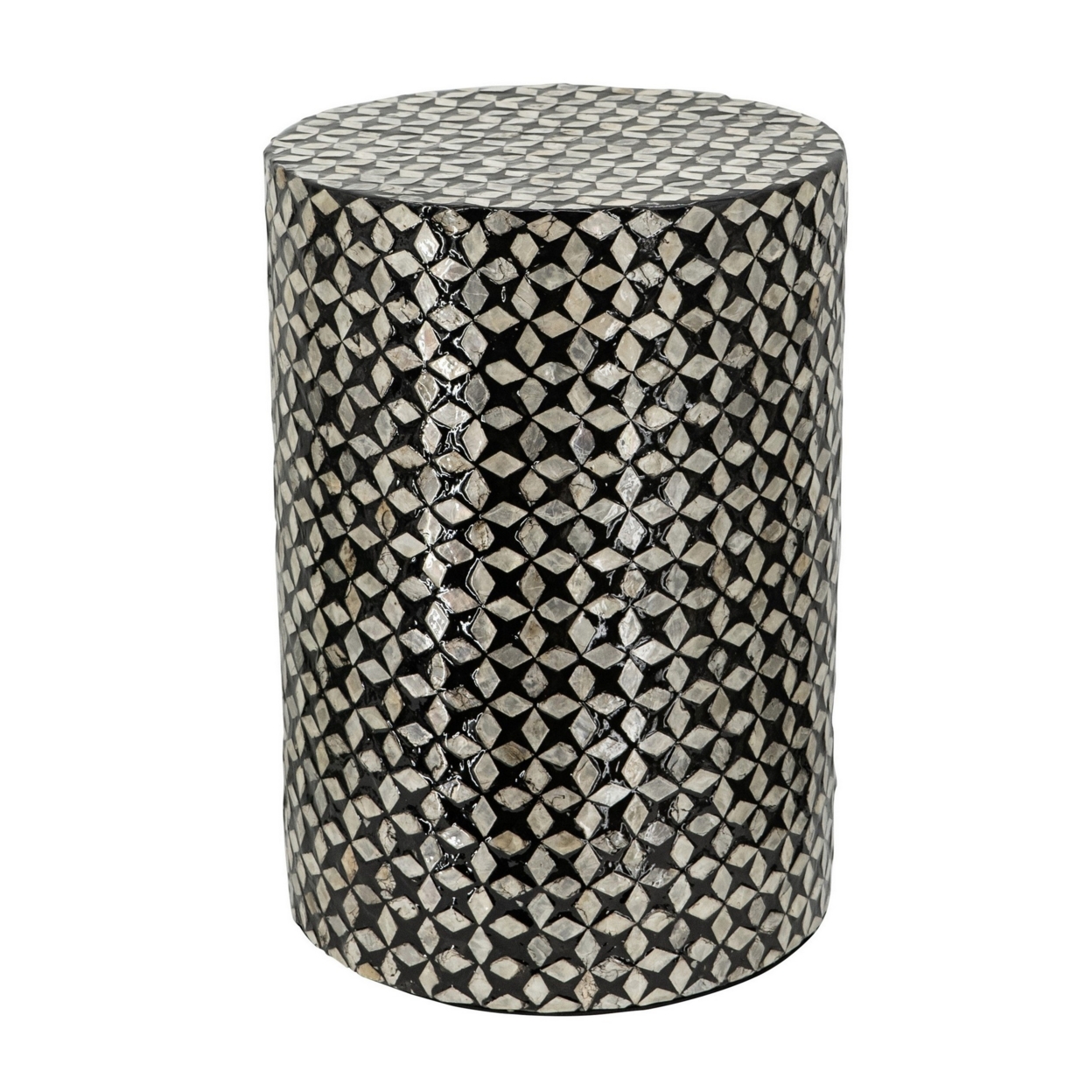 20 Inch Capiz Accent Stool Table, Cylindrical Geometric, Silver, Black- Saltoro Sherpi