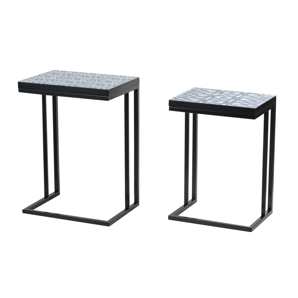 22, 24 Inch Nesting End Tables, Set Of 2, Blue And White Pattern Top- Saltoro Sherpi